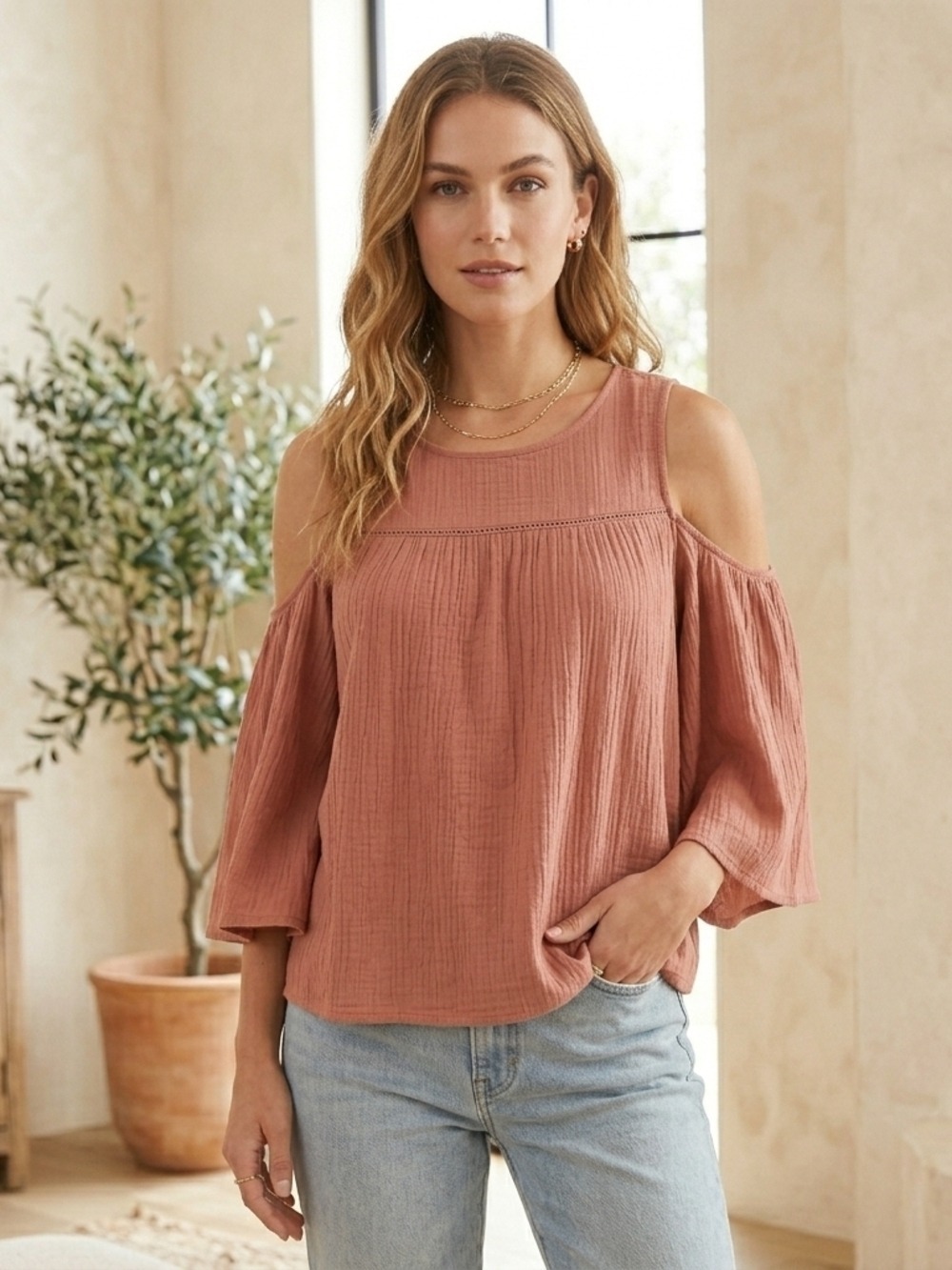 Body Glove Dusty Rose Cold-Shoulder Crochet Yoke Blouse - Picture 6 of 7